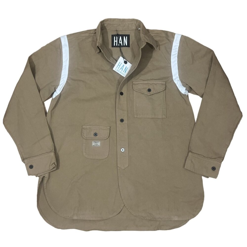 HAN Kjobenhavn Mens size LARGE tan cotton‎ denim button front work shirt